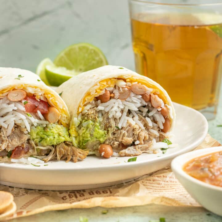 This is a picture of a plate with a carnitas burrito.