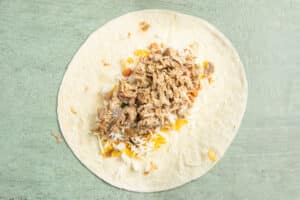 This is a picture of a large tortilla with carnitas added.