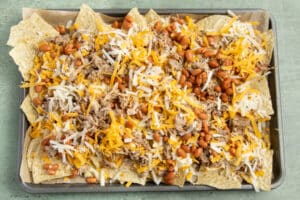 This is a picture of the carnitas nachos before baking.