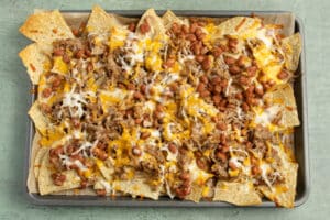 This is a picture of the carnitas nachos after baking.