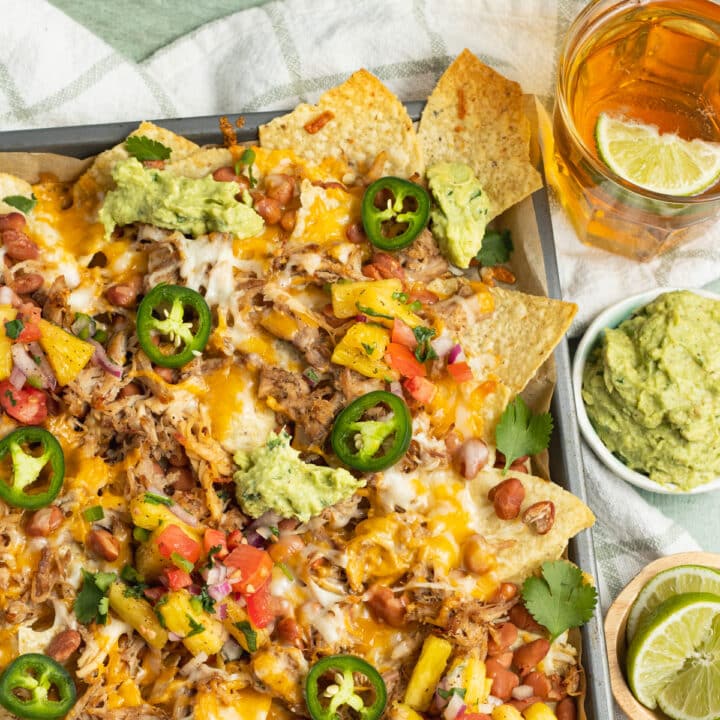 This is a square photo of carnitas nachos.