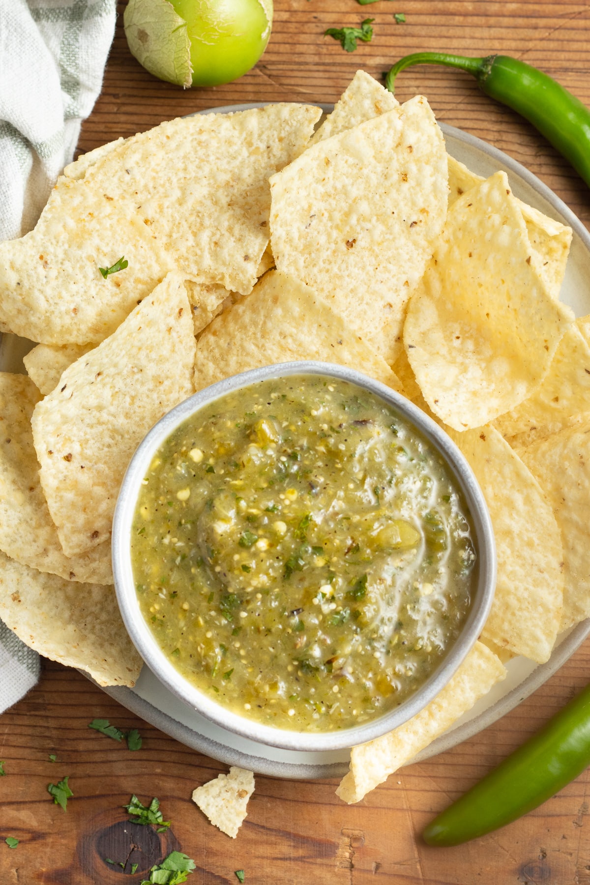 This is a picture of a bowl of fresh roasted tomatillo salsa.