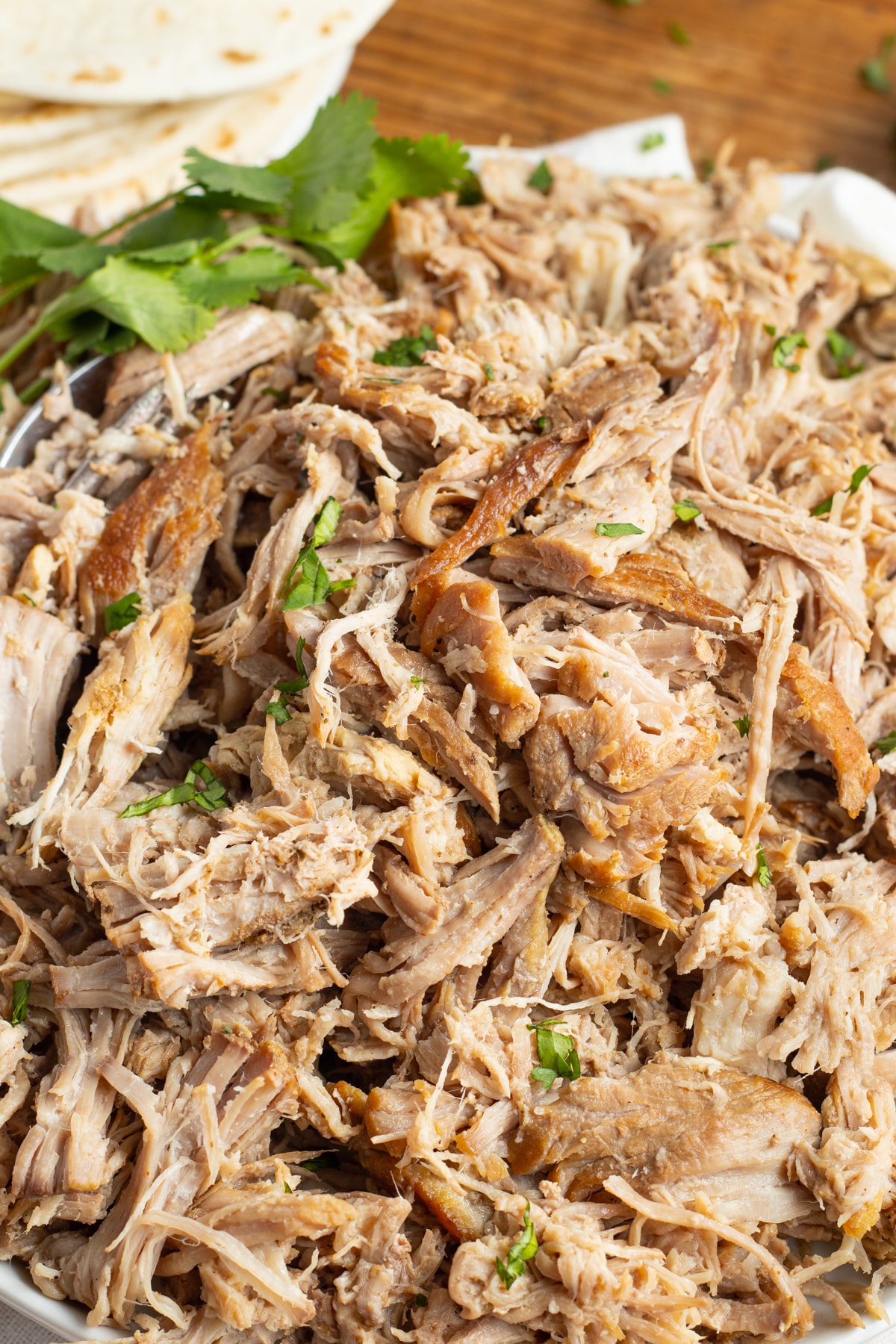 This is a picture of slow cooker carnitas close-up.