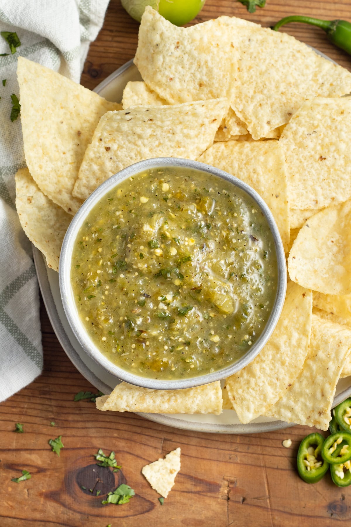 This is a picture of a bowl of fresh roasted tomatillo salsa.