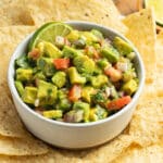 This is a square picture of avocado pico de gallo.