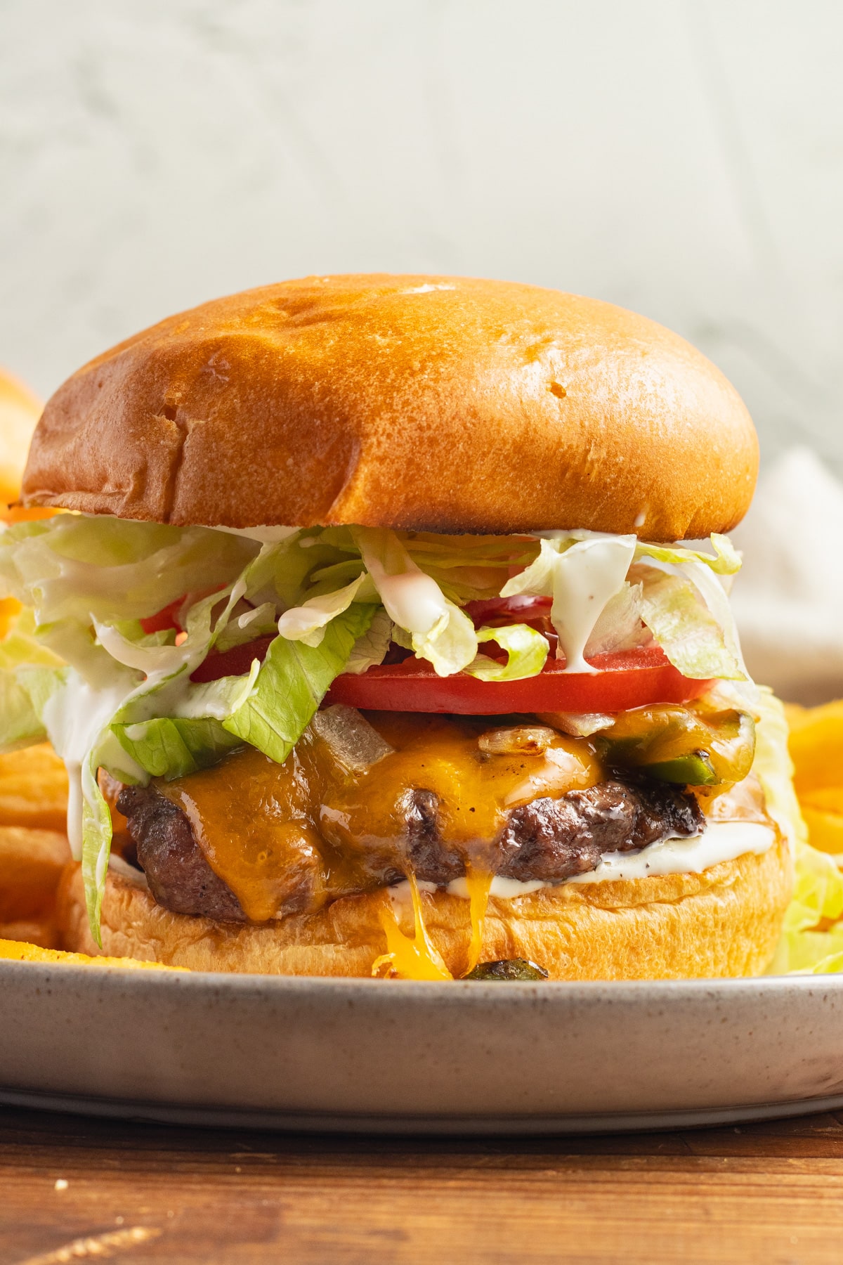 This is a picture of a jalapeño onion cheeseburger. 
