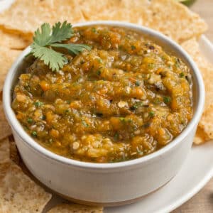This is a picture of a bowl of roasted pepper salsa.