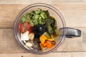 This is a picture of the peppers in the food processor before blending.