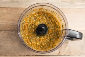 This is a picture of the peppers in the food processor after blending