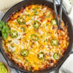 This is a picture of a skillet with chorizo and beans.